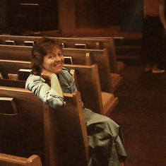 Gail as the matron of honor, waiting for the wedding rehearsal to start, Cheryl & MIkel's wedding, May 1990.
