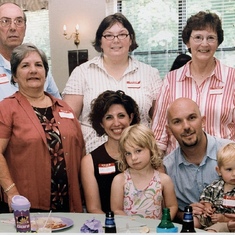 Back: Carl, Susie, Gale. Front: Dottie, Tasha & Addie, Charlie & Reid. 

Carl’s Aunt Tat’s 90th, MA, 2007 or so.