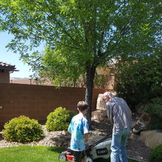 Showing Gabe how to mow the lawn correctly. June/2020