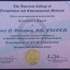 President's Award for 2019 from ACOEM in Anaheim, CA