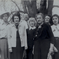 Gaylord with his grandmother, step-stepmother, a nephew or cousin Marvin, first wife Ella, great-aunt Auntie, and sister Roberta Jo