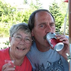 mom and Gord, cheers August 2005 at Laurie and Treh's in Hay Lakes Alberta