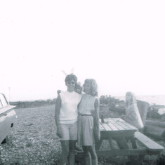 Mom and Laurie, Shannon peeking behind, Donna at table, White Rock 1968