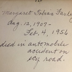 Script on the back of Margaret A Farley's photo