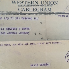 Telegram to Warren Daane Senior stationer in London during WWII, announcing Warren Jr. birth (1943)