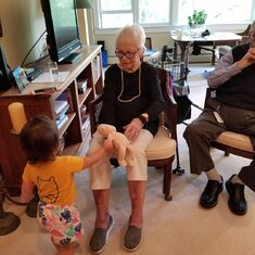 Maya letting Great Grandma hold her doll (Aug 2019)