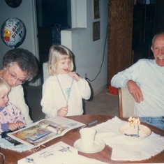 1996 - "Blow out those candles, Grandpa!"  (Jenna, Gladys, Heather, Bob)