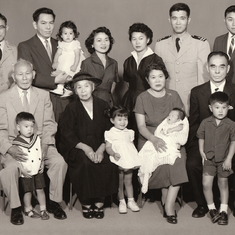 1959.  Formal family portrait of the immediate family of Tom Kumasaka.  Uncle Glen was just about to complete his compulsory military service, and this was probably one of the last times he wore his uniform of the U.S. Army.  Uncle Don, also on the back r