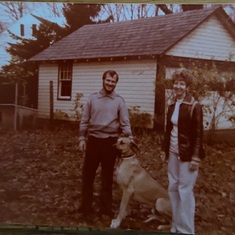 Glenn & Sue in their backyard with their little dog Mousse. 1978.