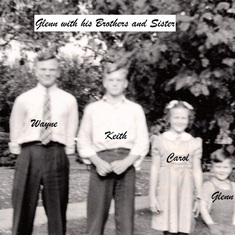 Glenn (far right, born 1935) with his older brothers Wayne (left, born 1921) and Keith (2nd from left, born 1926) and his older sister Carol (2nd from right, born 1931).