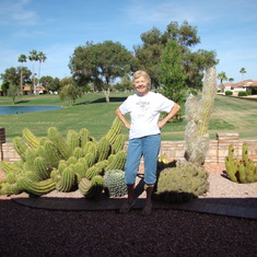 Glen hopping into the yards of snowbirds who were gone for the summer so we could pose by their cacti.