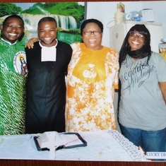 During my thanksgiving mass at home in Calabar.Rev. Fr. Peter,Rev. Peter, Mrs Veronica and Prof Grace Domike.