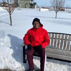 Daddy taking a rest from his snowy walk in Canada