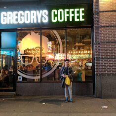 Gregory in front of Gregory's Coffee, NYC, February 2017