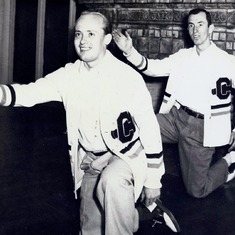 Gene & Harry, Chapman College team basketball cheerleaders. 1951-52.