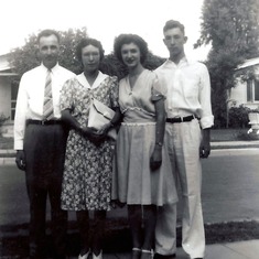 Family photo. (L-R) Parents Johnie and Geneva, Sister Fran, and Harry. 1945