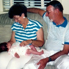 Harry and Terry meeting granddaughter Audrey Martin for the first time. New Jersey, 1989.