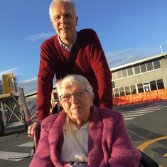 Ken with Mum on the tarmac in Coolangatta - visiting Rosalind