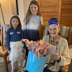 Great grand-daughters Emily and Kayleigh Smith celebrating Helens 90th birthday. Nov. 2021