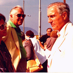 Chatting with Rawleigh Warner, Chairman, Mobil Oil Corp., Skorpios island, Greece, Oct. 1978.