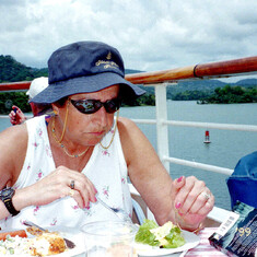 Eating (what else!) her way through the Panama Canal, April 1999.