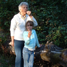 Helen and Kelly eating blackberry's in the front yard, Brookings, Oregon,