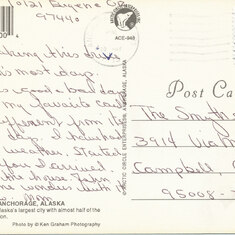 Postcard mailed May 20, 1999 from Anchorage. She was visiting her mother livin in the Pioneer Home. 