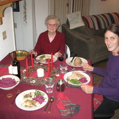 Mom and Jutta Christmas 2012--eating Sauerbraten, Spaetzle and Rotkraut