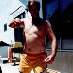 81-83 Typical Dad silliness (funny Karate stance) while we were building a brick patio on a hot Summer day.