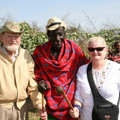 Dad and Mary with a Maasai chief in Maasai Mara, Kenya, 2006