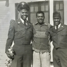 Dad, their father Alphonson and dad’s twin brother Uncle Hardy, May 1957, almost a year after they enlisted.