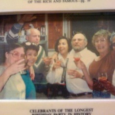 Karola, Terry, Hans, Cathy, Christa and Noor having a chanpagne toast for Karola's birthday in Los Gatos, CA