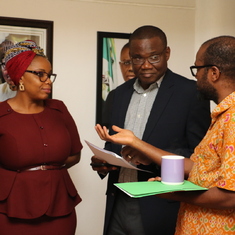 Innocent with Onyinye Onyemobi and Dabesaki at Ford Foundation, Lagos. Debriefing after an event. 