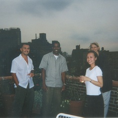 Irene with Nelson, Jose, Lilla at Cheryl's Roof Party 2000. Hudson River in background