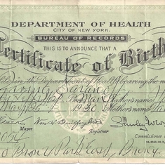 Irv Birth Certificate NY 1930