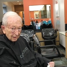 2015 Dad at the hair Salon on our monthly haircut luncheon in Albany, NY. Of course, he was always charming the ladies and loved the attention.