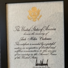U. S. Armed forces letter honors the memory and recognition of service. Signed by President Trump. 