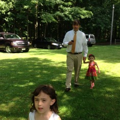 On our way to Kim's wedding with our flower girl in the lead.