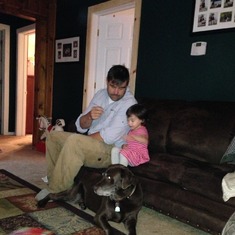 Giana and daddy having a serious conversation with Chinook.