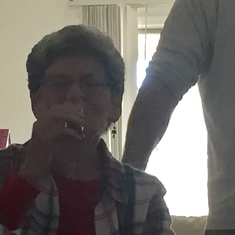 My mom always up for anything taking a shot of whisky