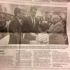 Baba in the Richmond Times newspaper with the Governor of Virginia.