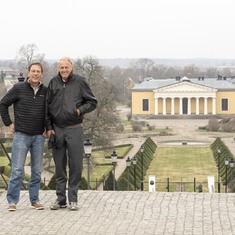 Jim and Eric in Uppsala, Sweden in April 2017, Botanical Garden as seen from the Castle steps