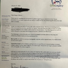 Letter detailing Dave's tissue donation. . . still healing others