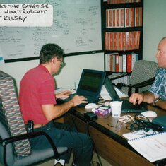 Jim & Bob Kilsby in our 'War Room' in Tembagapura planning the exercise on White Board & PC May 2003
