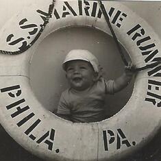 Baby Jimmy on Marine Runner.  Jimmy started traveling early.  He went to China on a freighter at 6 months.