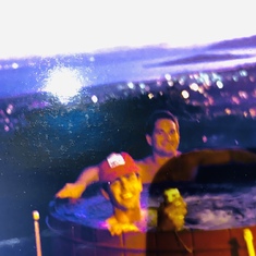 Hanging out in Jim’s wine barrel hot tub overlooking San Francisco Bay 1987. 