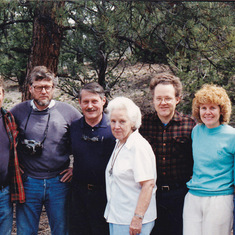 Bill, Bob, Jim, Bea, Richard, Donna, Marji gathered at the cabin at Trece, Colorado.