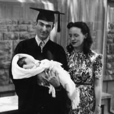 Mama and Daddy with Newborn Baby Jimmy, Kansas University, 1946
