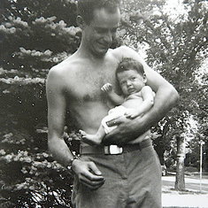 Dr. Joe Nelson, Jimmy's uncle, with newborn baby Jimmy, 1946