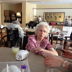Getting pampered. Grandma got her nails painted pink, a color she had never done !